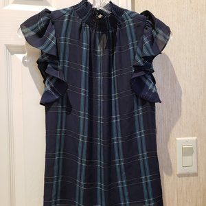 1 State Navy & Green Plaid Blouse with Ruffled Sleeves - XXS